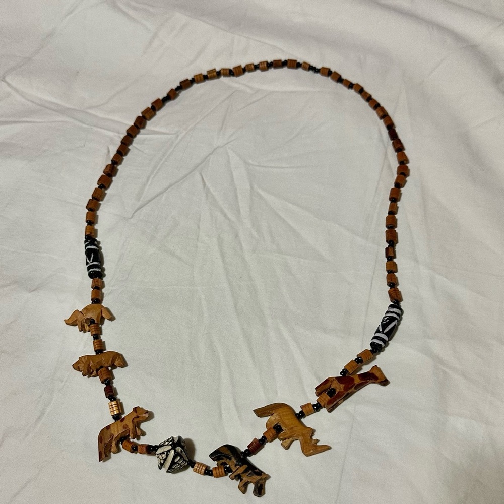 African Handcrafted wooded and Beaded Necklace with Animal Charms - Safari